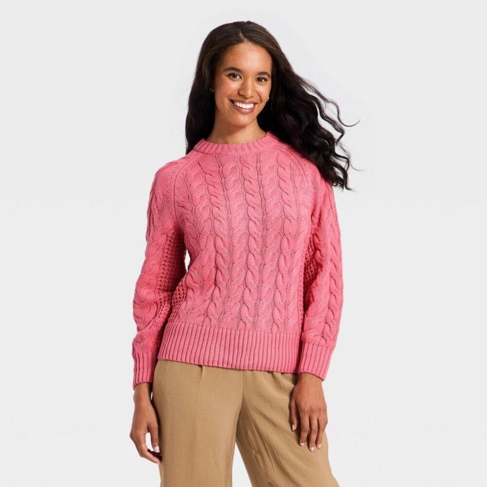 Women's Round Neck Cable Sweater - A New Day Pink M